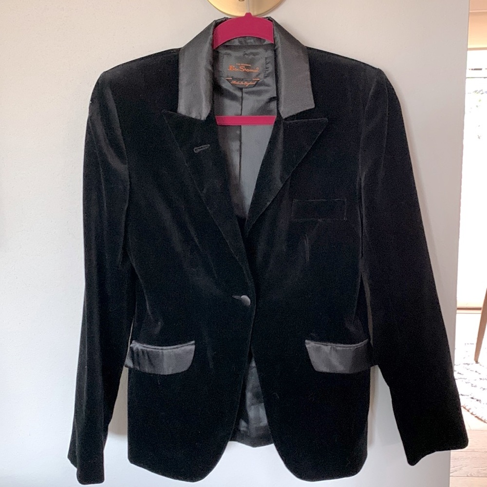 Womens Ben Sherman Velvet & Satin Fitted Black Tuxedo Jacket / Blazer